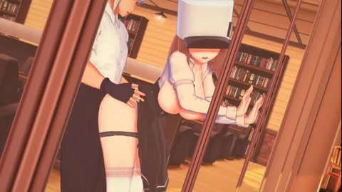Blonde anime girl in skirt and stockings groped in cafe by hand