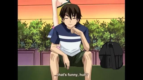 Resort Boin anime hentai guy smirks with busty girl, beach sunset vibe