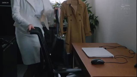 Japanese wife secretary in white dress gripping chair in office