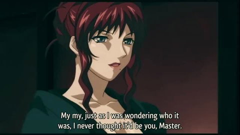 Anime girl with red hair surprised, saying 'never thought it'd be you, Master'