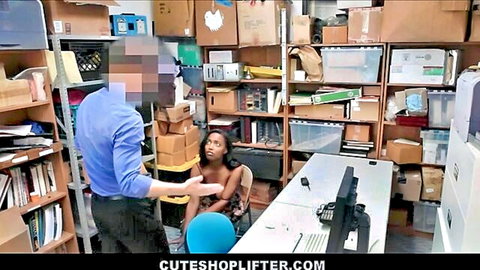 Black teen shoplifter with big tits confronted by white security officer in storage room