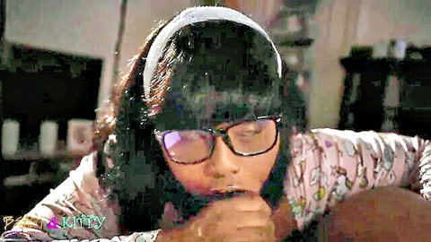 KittyLove in pink pajamas, glasses and headband, teasing gaze in Easy Access scene