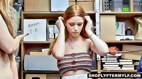 Lauren Phillips redhead MILF and Scarlett Snow teen caught shoplifting in storage room