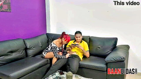 Busty redhead MILF seduces stepson on couch