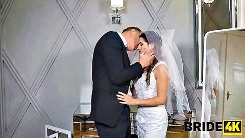 Serina Gomez as stunning bride in white dress, passionate groom kiss, Bride4K