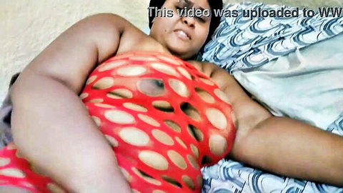 Horny ebony BBW stepmom in red fishnet lingerie teasing big pussy