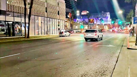 Nighttime Uber ride on Las Vegas strip with neon lights and city traffic