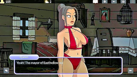 Busty animated Queen in red bikini, mayor of Easthollow from Queens Brothel game