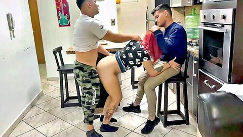 Latina housewife bent over kitchen counter in threesome with cuckold husband and friend