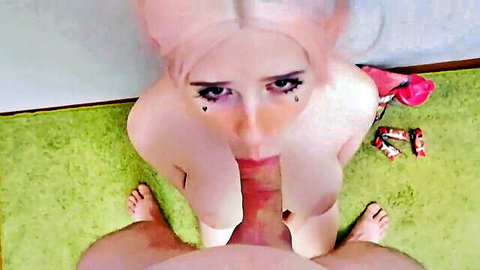 Pink-haired alt girl with heart tattoos gives intense POV blowjob, cum on face