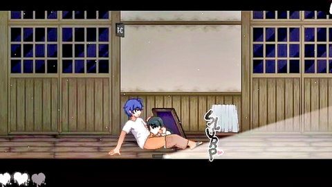 Blue-haired anime boy and black-haired ghost girl in intimate hentai game scene