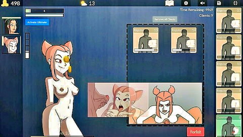 Anime pink-haired busty elf nude in brothel, fucked by werewolf boss