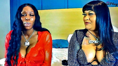 Ebony Mystique and busty ebony friend in sexy lingerie duo on SipNPlay