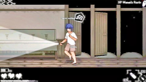 Blue-haired boy startled in school restroom with flashlight, hentai game scene