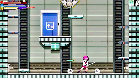 Purple-haired samurai girl in hentai game battles monsters in action pose