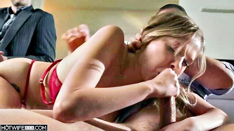 Coco Lovelock in red lingerie giving blowjob and facial in threesome scene