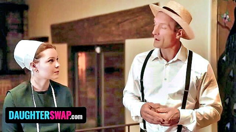 Emma Starletto in bonnet dress chats with farmer in DaughterSwap harvest scene