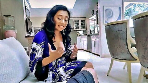 Lucky Starr as busty Asian stepmom in purple dress helping injury