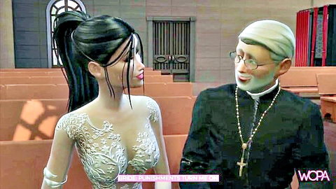 Bride in lace wedding dress seduces elderly priest in church before ceremony