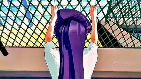 Komi-san anime girl with purple bun hair gripping green fence from behind in white shirt