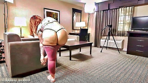 Santana redhead bending over in lingerie, big ass and tattoos visible
