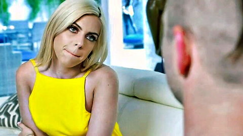 Busty blonde MILF in yellow dress smirking seductively before blowjob