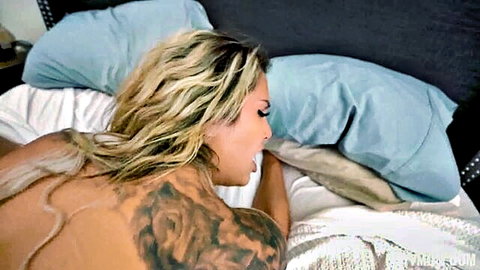 Tattooed blonde stepmom moans face-down nude in horny competition