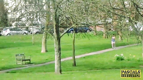 Kimmie Foxx blonde subslut jogging in park, outdoor anal tease