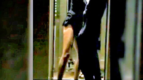 Couple having intense standing sex in elevator, woman lifted with exposed ass
