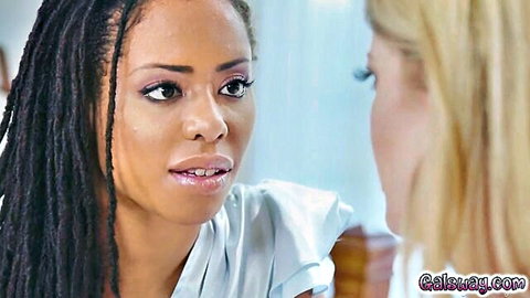 Annie and Charlotte in tense lesbian confession talk, ebony dreads meet blonde