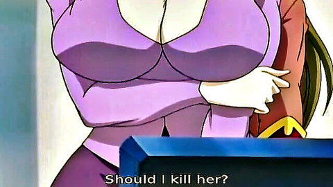 Busty green-haired anime woman in tight purple top showing deep cleavage