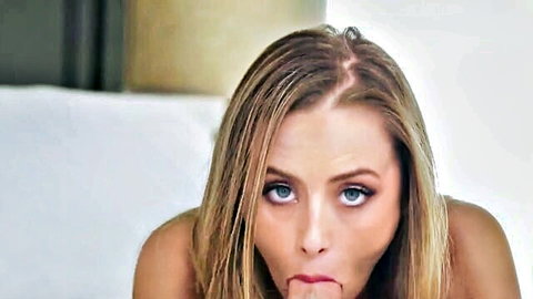 POV closeup of sexy blonde teen sticking tongue out with pursed lips teasing blowjob topless