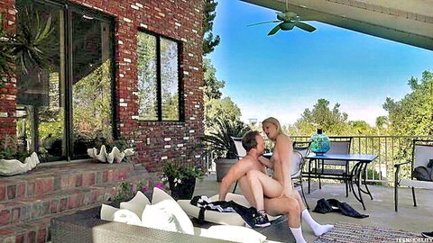 Lily Rader petite blonde teen in outdoor cowgirl sex with cheerleader theme