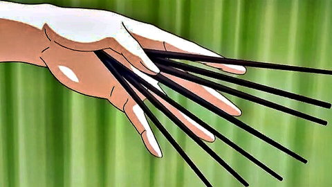 Anime hand gripping multiple black sticks on green background, from top sex scenes