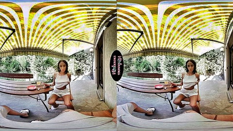 Petite Asian brunette teen in white dress teases on outdoor bench spreading legs VR POV