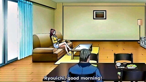 Red-haired anime mom in yellow top and skirt greets son, hentai morning scene