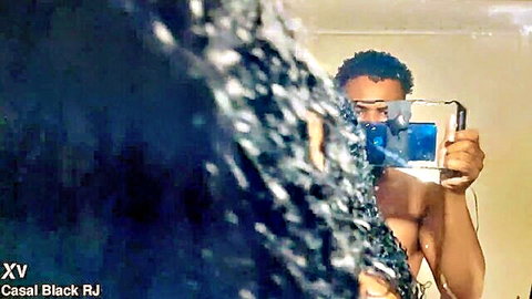 Amanda Black topless mirror selfie, wet curly hair black beauty post-shower