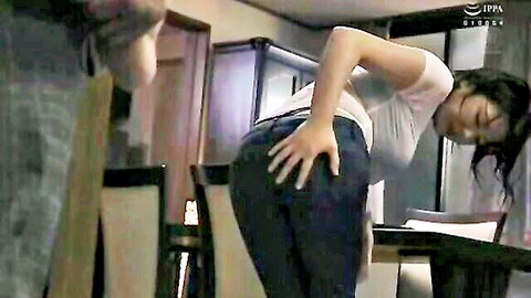 Japanese housewife bends over showing huge ass in tight jeans for man behind