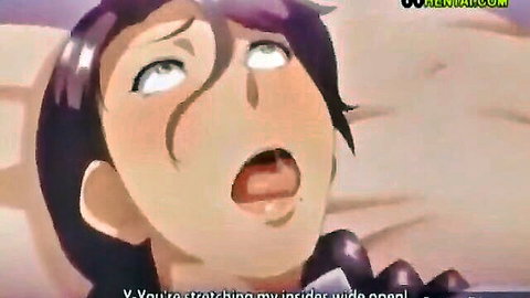 Purple-haired anime girl with ahegao face, mouth open in ecstasy from intense penetration