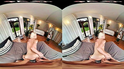 Nude curvy blonde in solo anal VR adventure, legs spread on bed