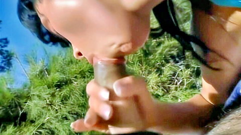 Rita Cardinale giving outdoor blowjob in blue top