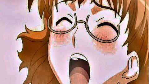 Anime step sister with glasses blushing and smiling, big boobs hentai tease