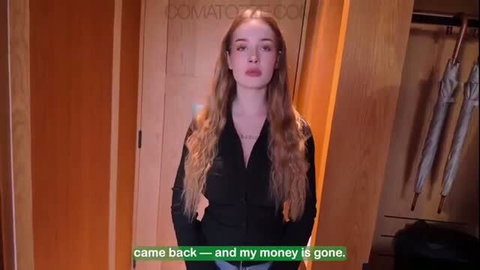 Russian girl in black top laments missing money in boss blackmail scene