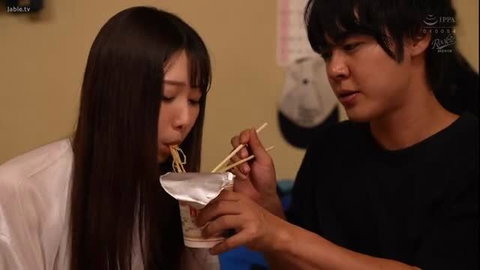 Japanese girl with bangs slurps noodles fed by guy, JAV ghost feeding scene