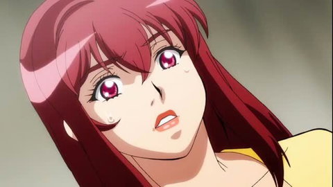 Redhead anime girl with pink eyes in yellow top, aroused expression