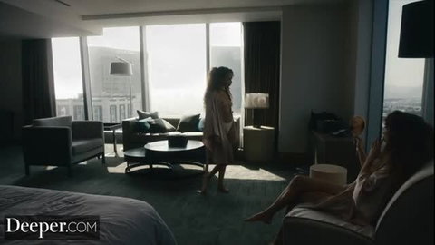 Cecilia Lion in luxurious hotel robe, Mick Blue nearby
