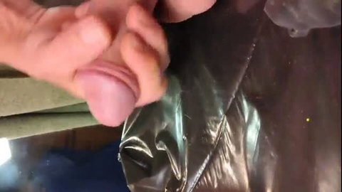 Man stroking wrapped cock and cumming on mirror closeup