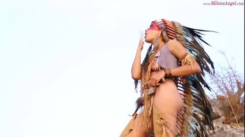 Milena Angel hot Native American headdress pose nude side butt view