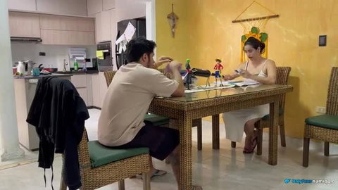 Amateur Latina cheating wife and stepdad at table with teen daughter toys