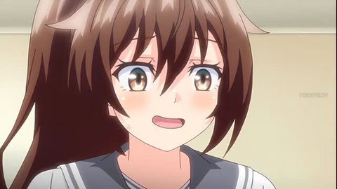 Cute brown-haired anime girl in sailor uniform blushing with open mouth